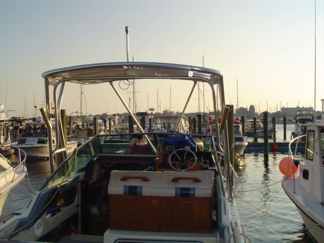 Atlantic Towers Top installed on Sea Ray 250 Sundancer boat docked among other boats in a marina at sunset.