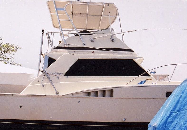Chris Craft 360 Sport Sedan boat with installed Atlantic Towers Top over the upper deck and helm station