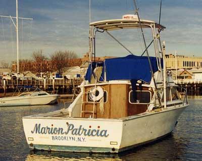 Atlantic Towers Top installed on the rear deck of a Bertram 28 Flybridge Cruiser named Marion Patricia docked at a marina.